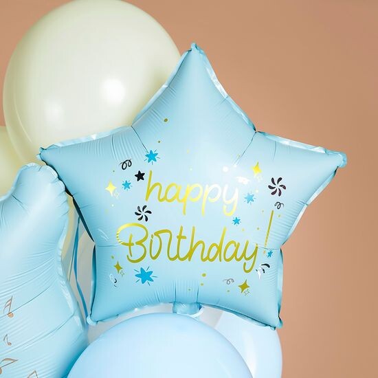 45 см, Звезда, Happy Birthday, Голубой, Сатин