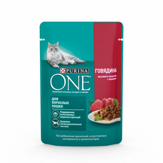 Purina ONE пауч для взрослых кошек, говядина и морковь, 75 г