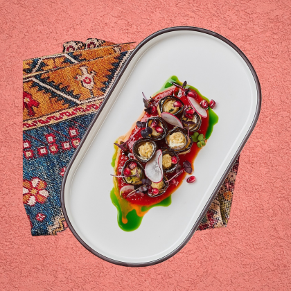 Бадриджани с ореховой начинкой с перечным муссом