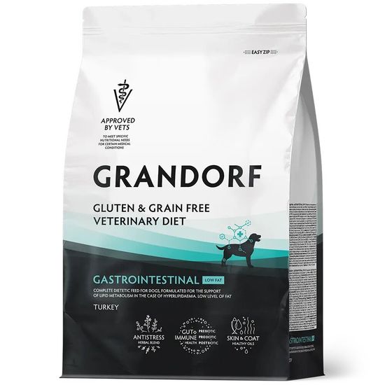 GRANDORF Veterinary Diet Turkey Gastrointestinal Low Fat сухой корм для собак при гиперлипидемии, регуляция метаболизма липидов, индейка, 1 кг (3045)