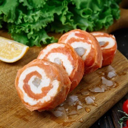 Рулеты для запекания из Форели с сыром и  креветками