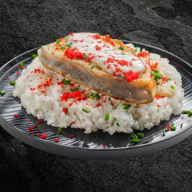 Палтус жареный на рисе