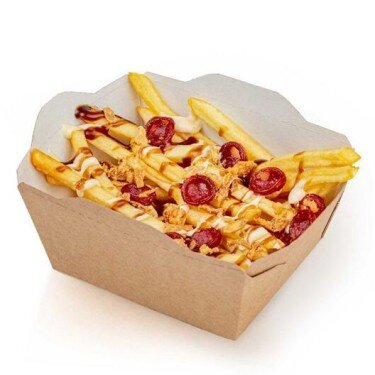 Картошка фри запеченная с сосисками под сырным соусом