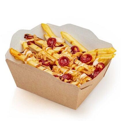 Картошка фри запеченная с сосисками под сырным соусом