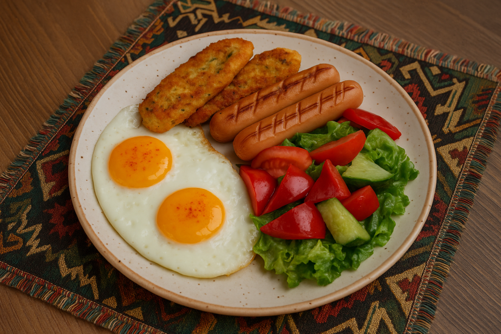 Яичница с сосисками и гренками