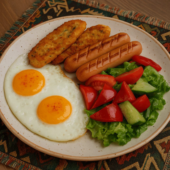 Яичница с сосисками и гренками