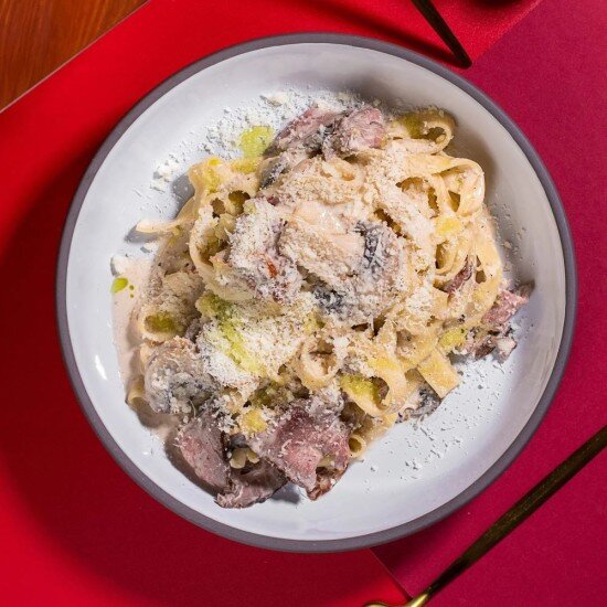 Паста с ростбифом и грибами