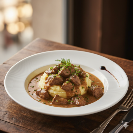 Бефтроганов с томленой телятины и пюре