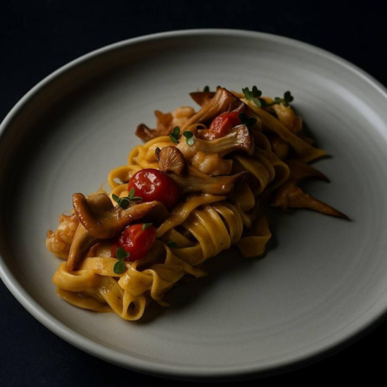 Паста с лисичками и креветкой в сливочном соусе (250 г)