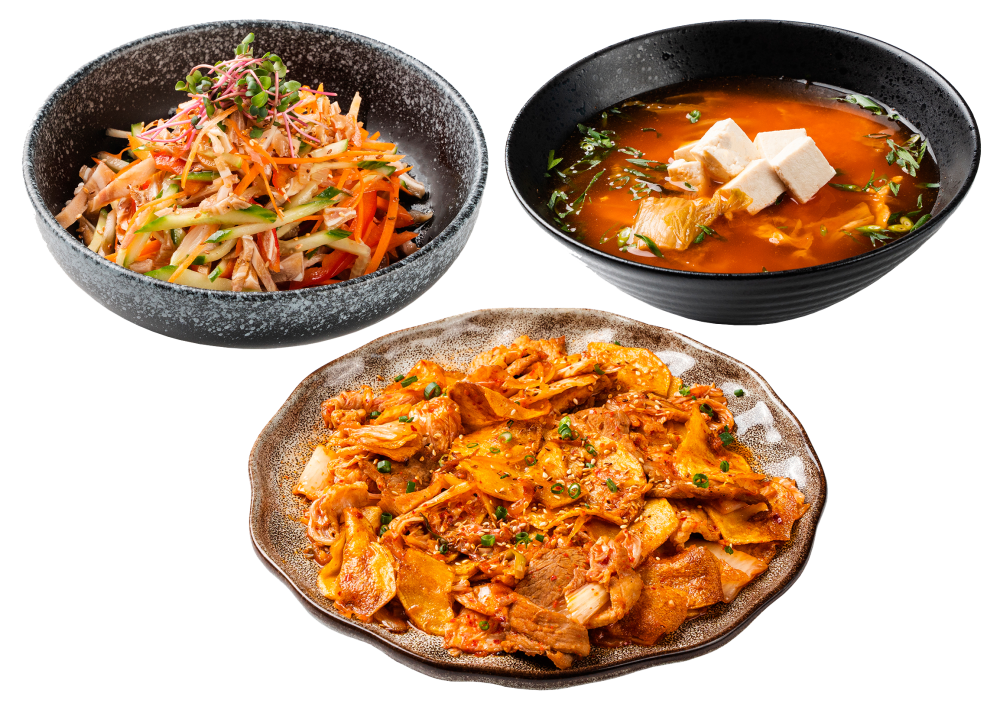 Пусан Хит -  Свиная грудинка с картофелем и кимч - Китайский салат с ушками 200 гр -  Кимчи-чиге