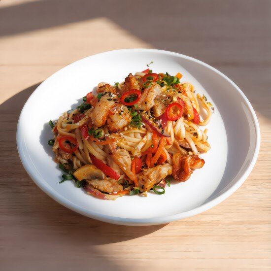 Сливочный удон с креветками и курицей