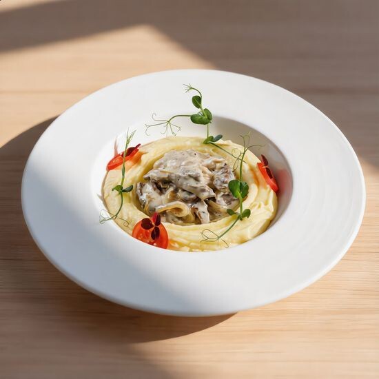 Бефстрогонов с  картофельным пюре