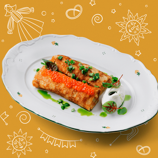 Блины с икрой, яйцом и зеленью