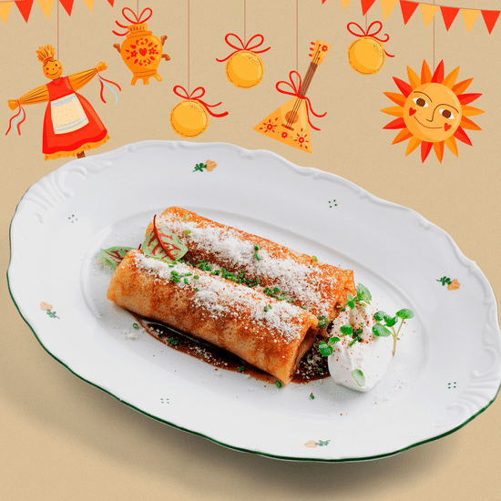 Блины с говядиной и соусом демиглясс