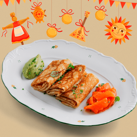 Блины с форелью слабой соли  и муссом из авокадо