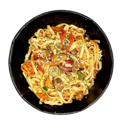 лапша с морепродуктами в соусе понзу