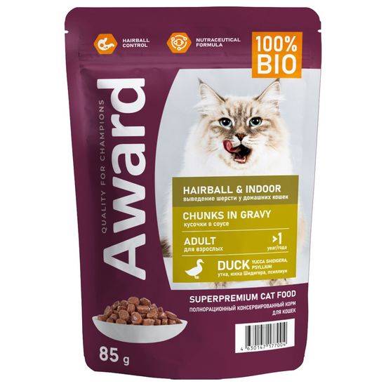 AWARD Hairball & Indoor пауч для взрослых домашних кошек, для выведения шерсти, кусочки в соусе с уткой, 85 г