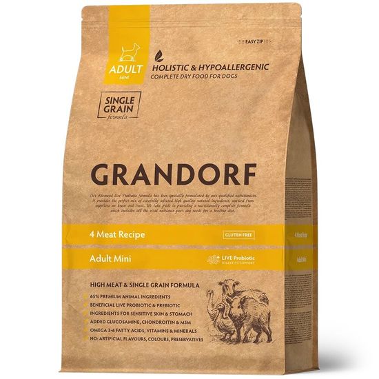 GRANDORF 4 Meat Probiotic Mini сухой корм для взрослых собак мелких пород, 4 вида мяса с пробиотиками, 1 кг (1096)
