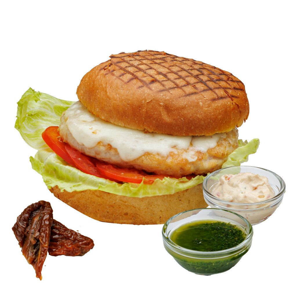 Чикенбургер с вялеными томатами и песто