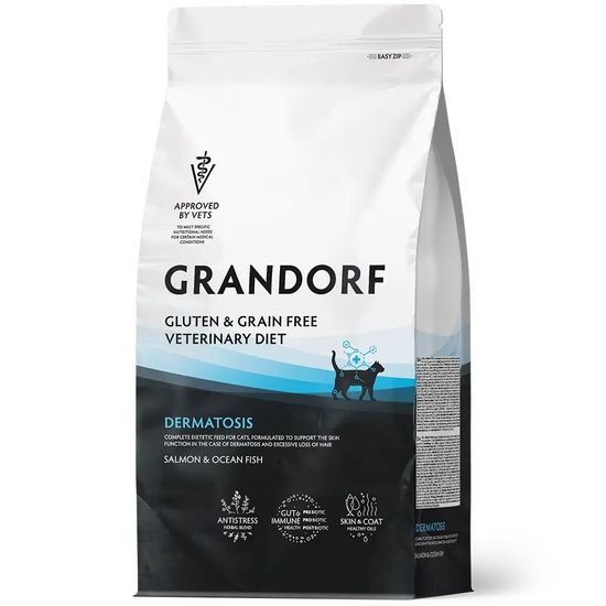 GRANDORF Veterinary Diet Dermatosis диетический сухой корм для кошек, для здоровья кожи и шерсти, лосось и океаническая рыба, 400 г (3243)