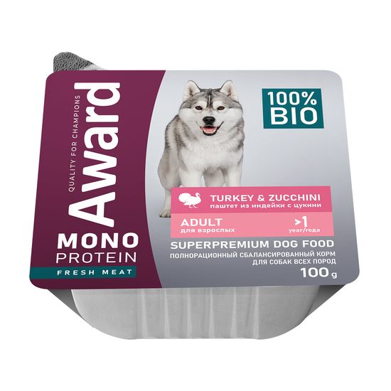 AWARD Monoprotein паштет для взрослых собак, индейка с цукини, ламистер 100 г