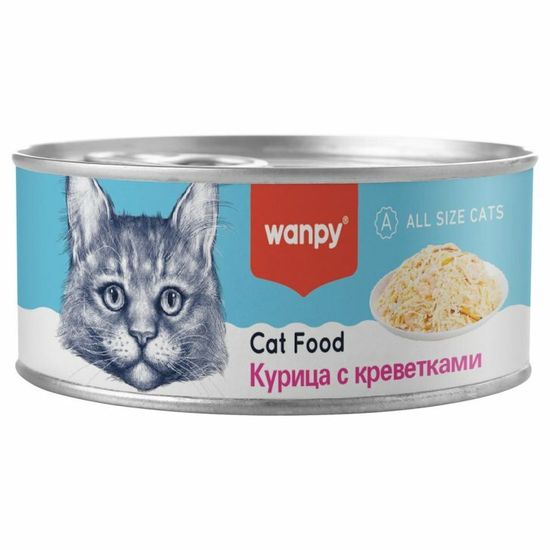 Wanpy Cat консервы для кошек «Курица с креветками», кусочки в желе, 95 г