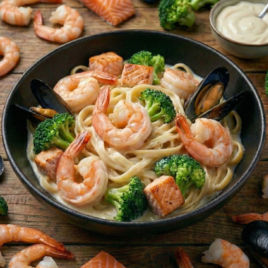 Удон сливочный с морепродуктами и брокколи