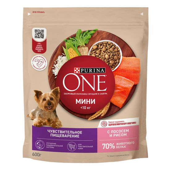 Purina ONE Мини «Чувствительная» сухой корм для собак мелких и карликовых пород с чувствительным пищеварением, лосось с рисом, 600 г