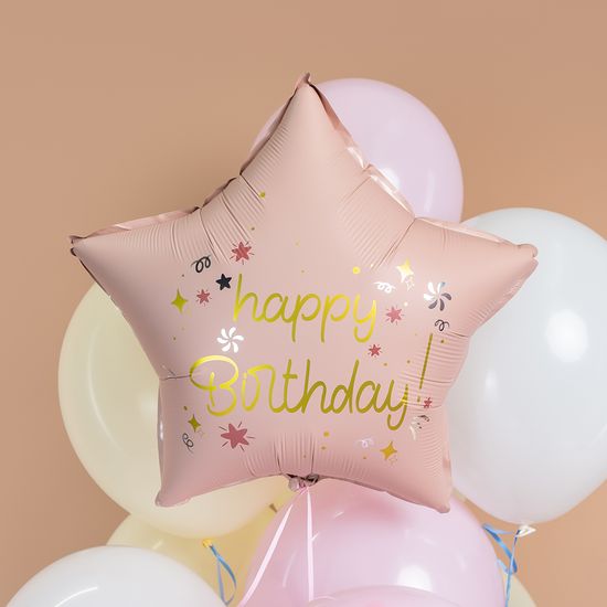45 см, Звезда, Happy Birthday, Розовый, Сатин