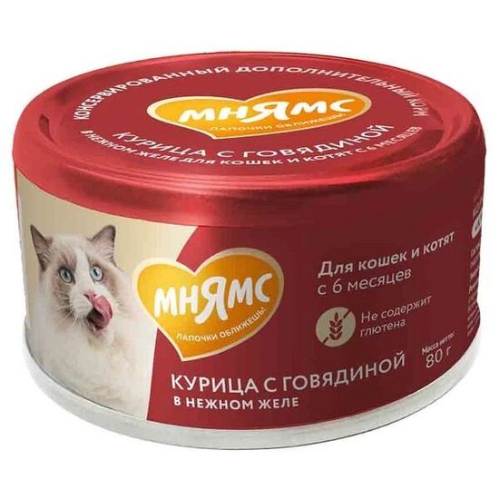 Мнямс На каждый день консервы для кошек и котят от 6 месяцев, курица и говядина в нежном желе, 80 г