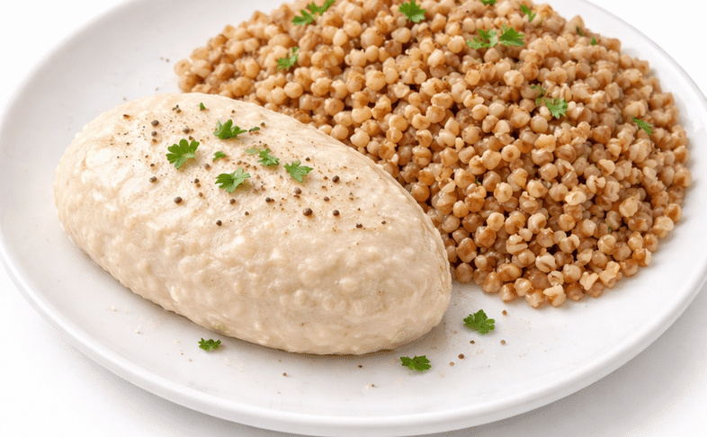 Отварная греча с котлетой на пару