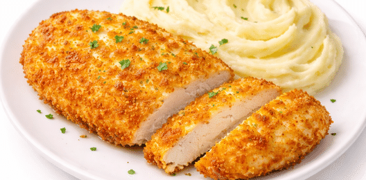 Картофельное пюре с куриной отбивной в сырной панировке