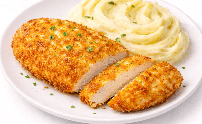 Картофельное пюре с куриной отбивной в сырной панировке