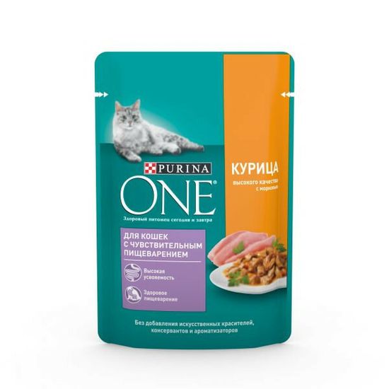 Purina ONE пауч для кошек с чувствительным пищеварением, курица и морковь, 75 г (8445)