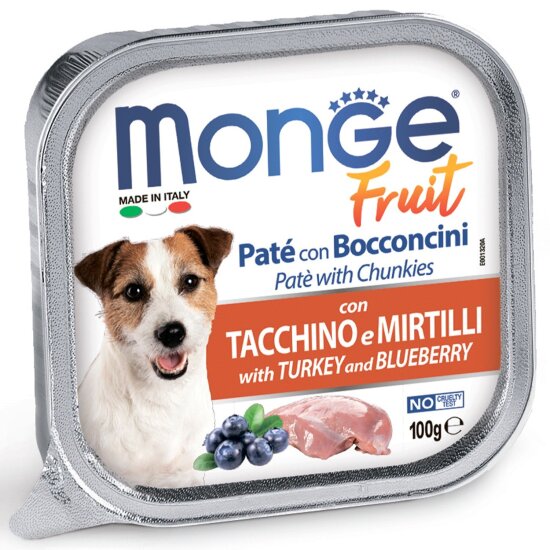 Monge Dog Fruit консервы для взрослых собак, индейка с черникой, паштет с кусочками мяса и ягодами, 100 г