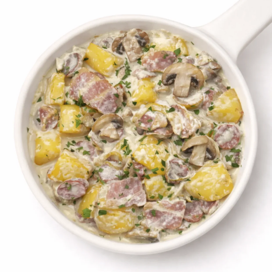 Скоблянка с беконом и колбасками в сливочном соусе