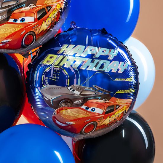 45 см, Круг, Гоночные машинки, Happy Birthday