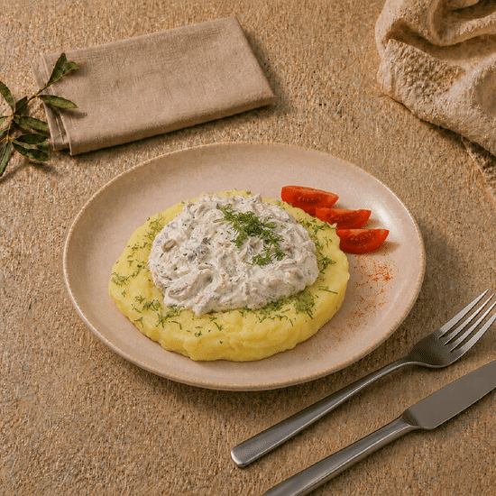 Строганов из говядины с грибами на картофельной подушке