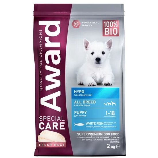 AWARD Special Care Hypo Puppy сухой корм для щенков от 1 месяца, беременных и кормящих собак всех пород, склонных к аллергии, белая рыба, 2 кг