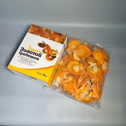 Гребешок золотой, на половине раковины, IQF, 45/55 (цветная коробка, 10x1кг, упак 1/10, 3700/02B07, Rongcheng Mingwei Aquatic Food Co.,Ltd, Китай