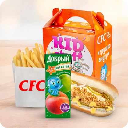 КидСтафф для мальчика с бургером Лонгер Чиз и персиковым соком
