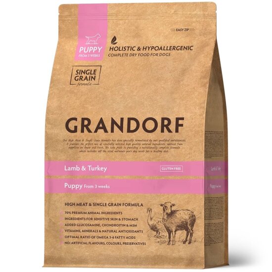 GRANDORF Lamb & Turkey Puppy сухой корм для щенков всех пород с 3 недель, беременных и кормящих собак, ягнёнок с индейкой, 1 кг