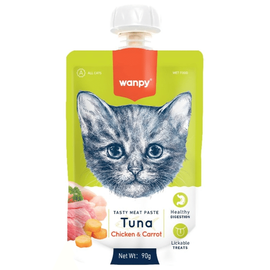 Wanpy Cat лакомство для кошек, мясной мусс из тунца и курицы с морковью, 90 г