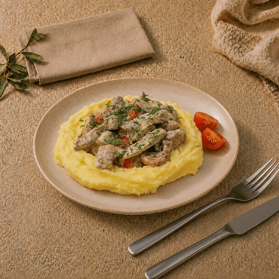 Свинина с овощами на картофельной подушке