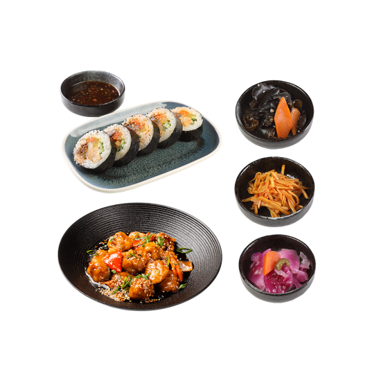 Хан комбо - Мясо по-пекински с курицей, 
Кимпап с курицей 1/2, панчаны
