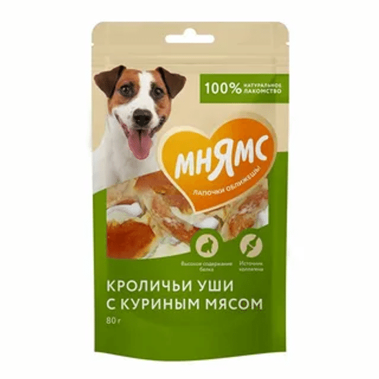 Мнямс На каждый день лакомство для собак, кроличьи уши с куриным мясом, 80 г