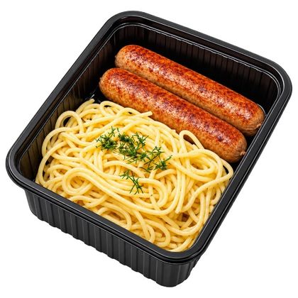 Спагетти с жаренными колбасками