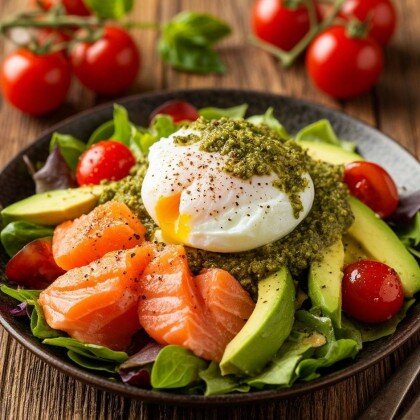 Салат с сёмгой, авокадо и яйцом пашот