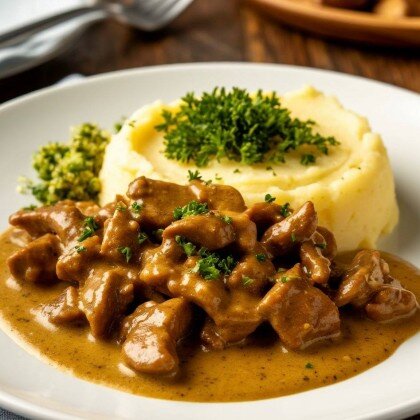 Бефстроганов с картофельным пюре