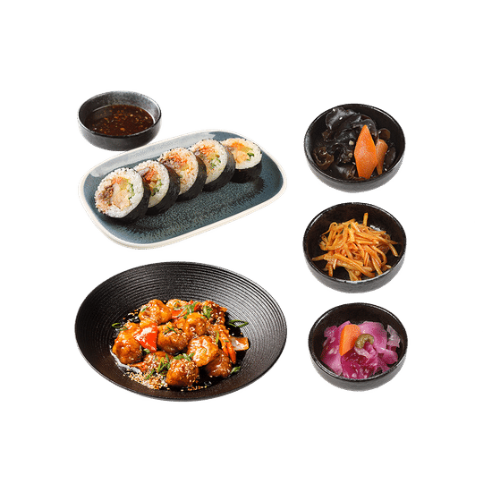 Хан комбо - Мясо по-пекински с курицей, 
Кимпап с курицей 1/2, панчаны